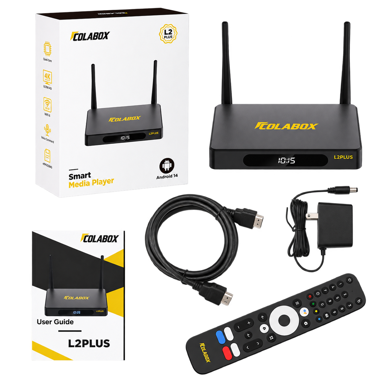 COLABOX L2 Plus retail package, media player, remote, HDMI cable, power adapter, and user guide