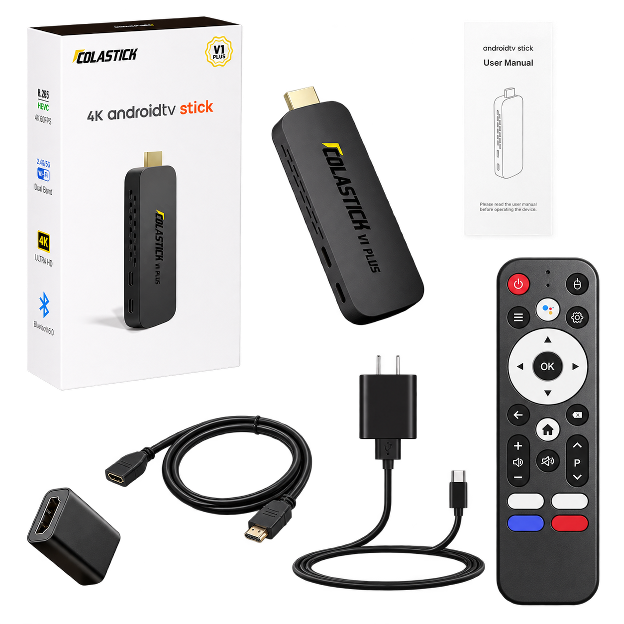 COLASTICK V1 Plus package, media stick, remote, power cable, HDMI extension, coupler, and user manual