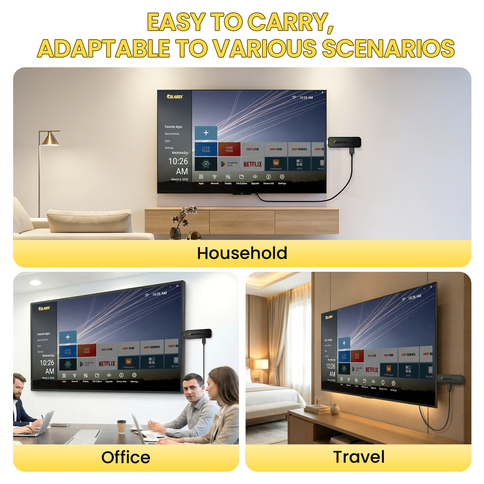 COLASTICK V1 Plus shown in household, office, and travel display scenarios